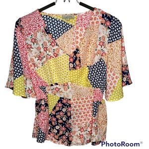 Chenault Quilt-Pattern Muti-Color V-neck Blouse Size PM